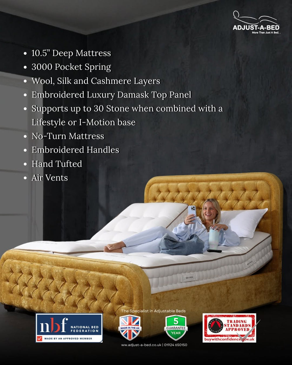 Adjust-a-bed 3ft Single Grandeur Natural 3000 Adjustable Bed