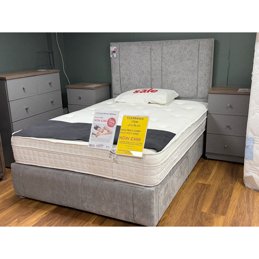 Clearance - 4’6 Double Designer 2 Drawer Divan Base With Floorstanding Pegasus Headboard