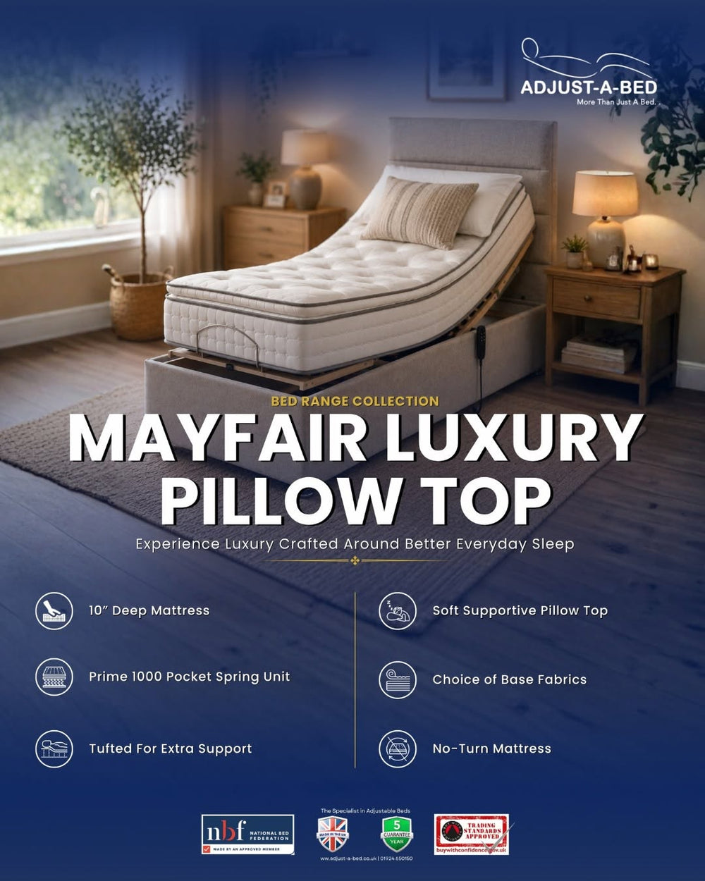 Adjust-a-bed 3ft6 Large Single Mayfair Luxury Pillow Top Adjustable Bed